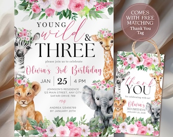 May include: A birthday invitation and matching thank you tag featuring watercolor illustrations of safari animals and floral accents. The invitation reads "Young, Wild & Three" and includes event details. The tag says "Thank You".
