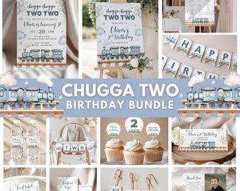 Editable Chugga Chugga Two Two Birthday Invite Bundle 2nd Birthday Boy Blue Invite Bundle Train Birthday Party Printable Bundle CPCBI384