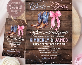 Editable Rustic Boots or Bows Gender Reveal Invitation Template, Boots or Bows Invitation, Thank You Tag, Blue or Pink Invite, CPCGR146