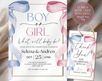 Editable Bow Gender Reveal Invitation, Minimalist Gender Reveal Invite, He or She, Boy or Girl, Pink Blue Ribbon Baby Shower Invite CPCGR601