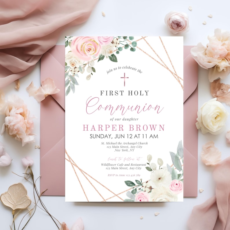 First Holy Communion Invitation Template, Pink Floral Girl Communion ...