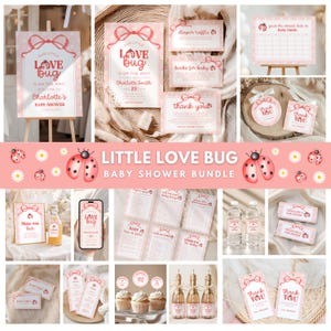 Puede incluir: Un conjunto de decoraciones rosas para baby shower con temática de mariquita. Incluye letreros, invitaciones, etiquetas de agradecimiento, adornos para cupcakes y etiquetas para botellas de agua. El texto incluye "Little Love Bug" y "Charlotte's Baby Shower".