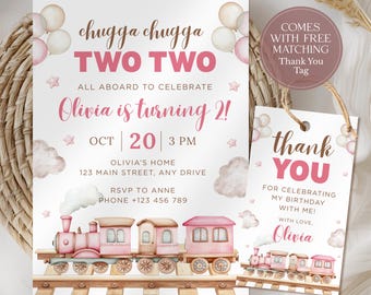 Girl Chugga Chugga Two Two Birthday Invite: Pink Train Second Birthday Invite (Instant Download) CPCBI383