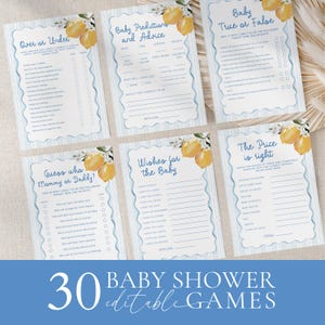 May include: A collection of six baby shower game cards with a light blue and white striped background. Each card has a decorative border and a lemon and leaf design. The text on the cards includes game titles and prompts. The bottom of the image reads "30 BABY SHOWER editable GAMES."