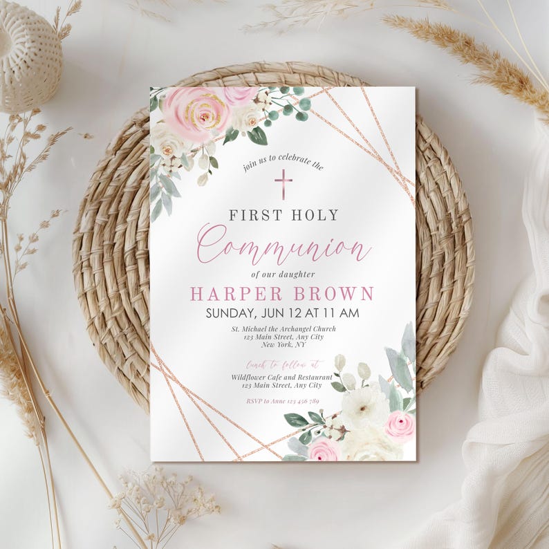 First Holy Communion Invitation Template, Pink Floral Girl Communion ...