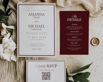 Old Money Wedding Invite: Minimalist Dark Red Burgundy Style (Editable Template) CPCWP301