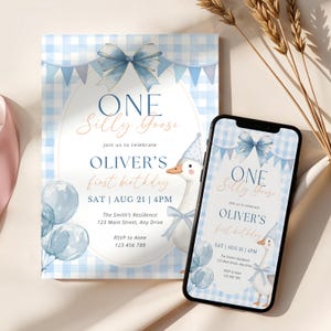 May include: A birthday invitation featuring a blue gingham pattern and a watercolour illustration of a goose in a party hat. The invitation reads "ONE Silly Goose" and includes event details. A smartphone displays the same design.
