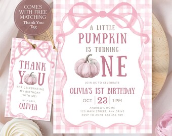 Our Little Pumpkin is Turning One Birthday Invite Fall 1st Birthday Invitation Pink Pumpkin First Birthday Editable Invitation CPCBI271