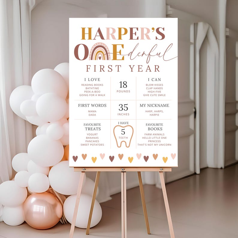 Peut inclure: Un chevalet en bois pr&eacute;sente une affiche avec le texte "HARPER'S ONEderful FIRST YEAR." L'affiche comprend des d&eacute;tails sur la premi&egrave;re ann&eacute;e de l'enfant, tels que le poids (8,16 kg) et la taille (88,9 cm). L'affiche est d&eacute;cor&eacute;e d'un arc-en-ciel et de c&oelig;urs.