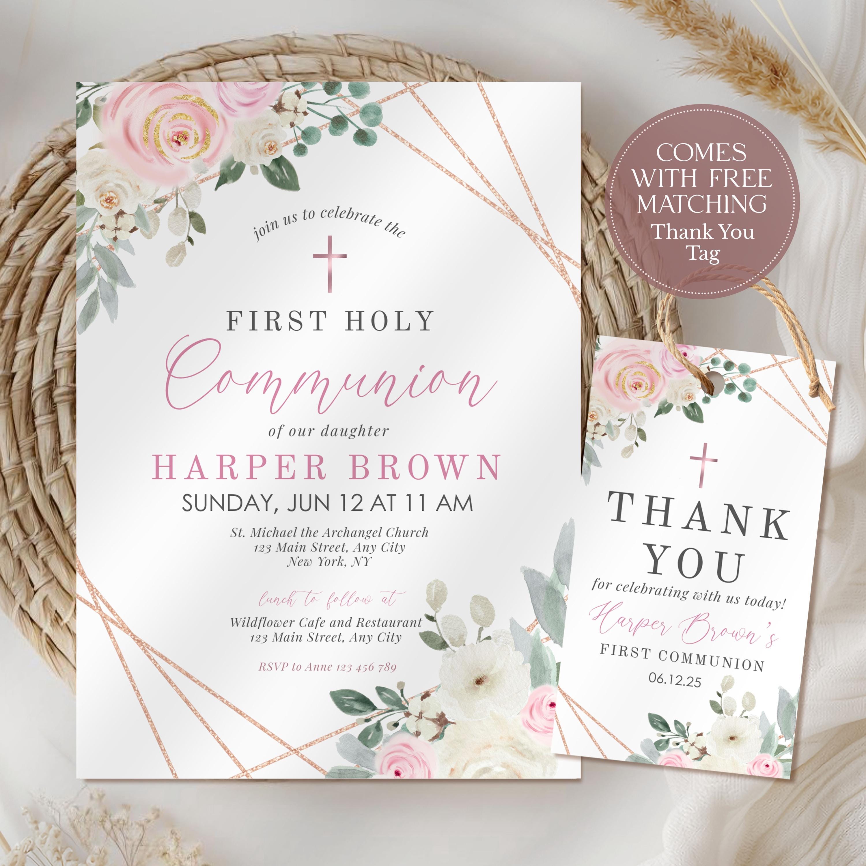 First Holy Communion Invitation Template, Pink Floral Girl Communion ...