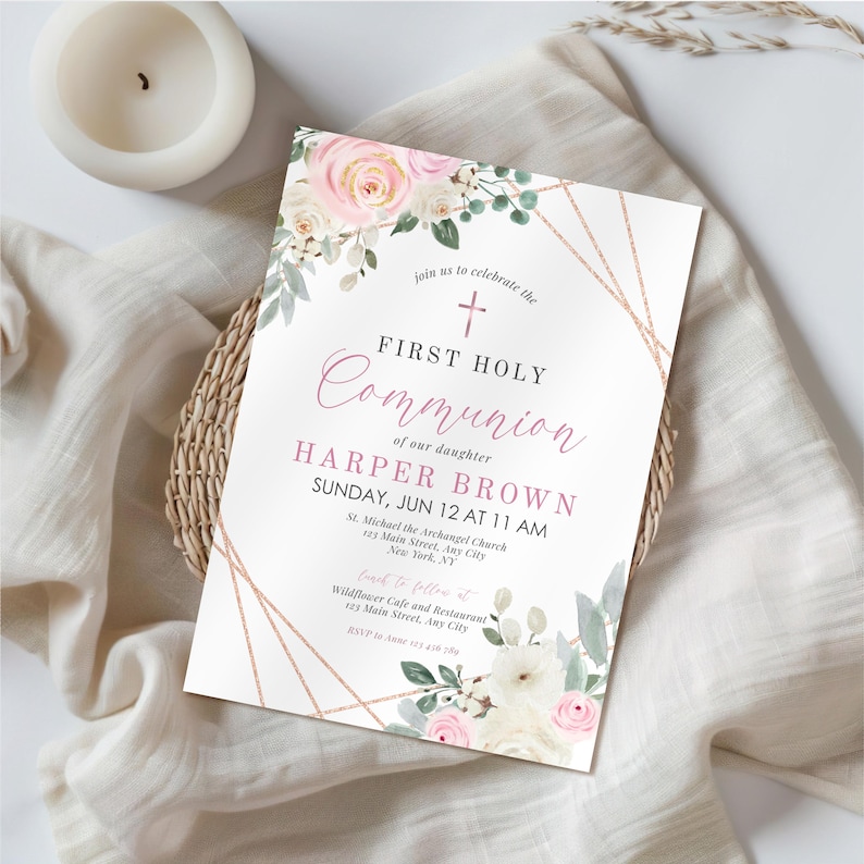 First Holy Communion Invitation Template, Pink Floral Girl Communion ...