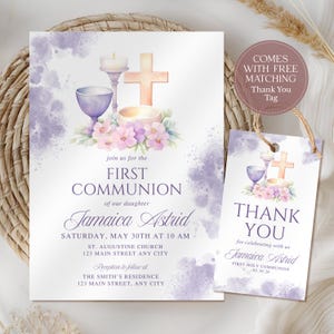 Modèle d'invitation de première communion pour filles lavande, carte de remerciement pourpre, première communion minimaliste, invitation à l'eucharistie CPCHC160