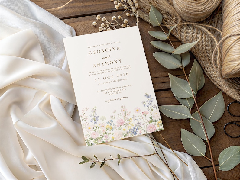 May include: A rectangular wedding invitation card with cream-coloured paper featuring a floral illustration at the bottom. The text reads: Together with their families, Georgina and Anthony, request the honour of your presence, 17 Oct 2030.