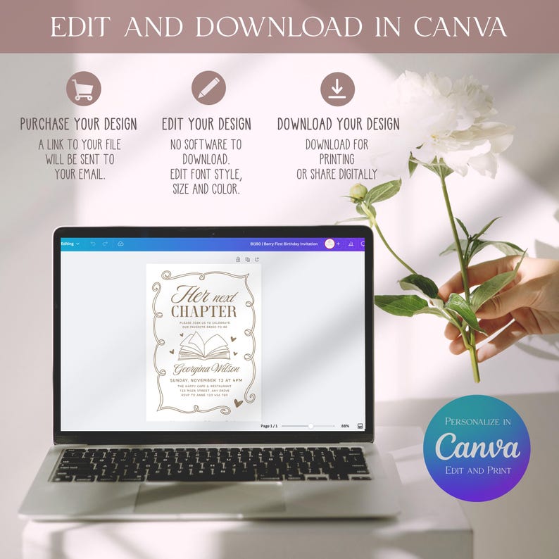 May include: A laptop displays a customizable invitation design with the text "Her next chapter." The image includes instructions: purchase, edit, and download in Canva. A white flower and the Canva logo are also visible.