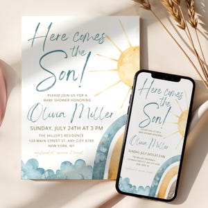 Convite editável para chá de bebê "Lá vem o filho", convite digital boho ensolarado para chá de bebê de menino CPCBS763