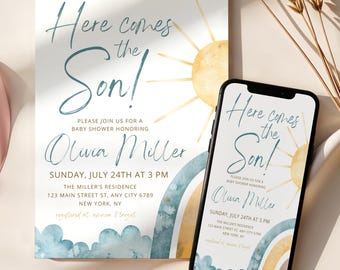 Editable Here Comes the Son Baby Shower Invite, Boy Sunshine Baby Shower Invitation, Digital Boho Sunshine Invite Boy Sonshine CPCBS763
