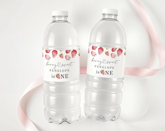 Waterflesetiket zoete eerste verjaardag aardbei, 1e verjaardag aardbei, afdrukbare sjabloon waterfles meisjes 1e verjaardag CPCBI153