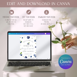 May include: A laptop displays a baby shower invitation design with blueberries and the text "Welcome to Hailey's berry & sweet Baby Shower". The image includes instructions: "Edit and Download in Canva". A hand holds a white flower.