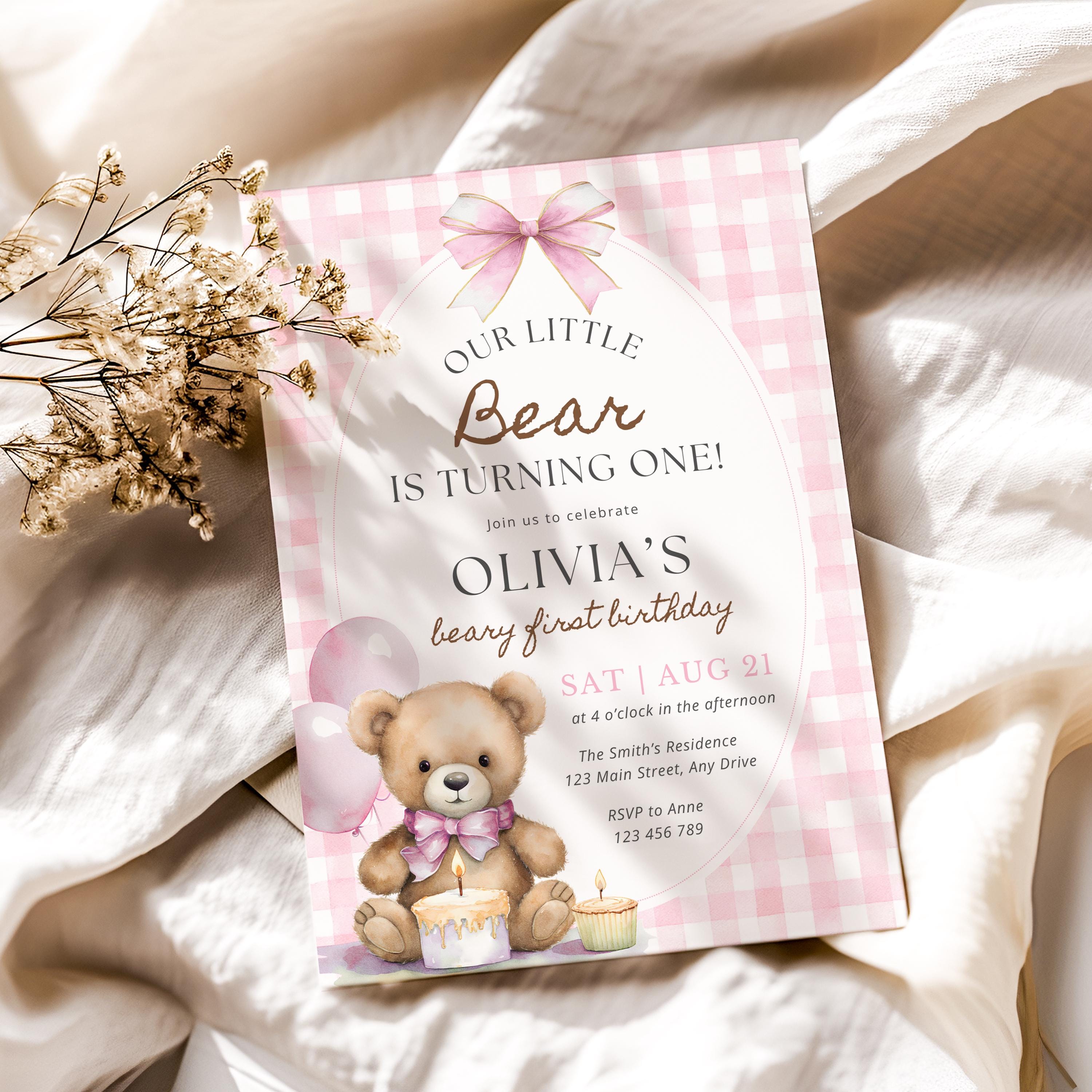 Teddy Bear Party Invite: Girl Beary First Birthday Invitation (editable ...