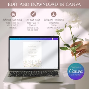 May include: A laptop displaying a wedding invitation template with floral graphics and the text Georgina and Anthony 17 Oct 2018. The screen shows instructions to edit and download in Canva. A white peony flower is positioned next to the laptop screen.