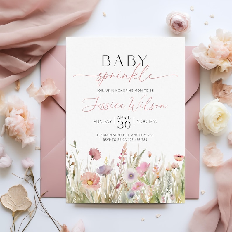 Baby Sprinkle Invitation, Floral Baby Shower Invite, Wildflower Baby Shower Invite, Baby In Bloom Floral Baby Shower Template, CPCBS171 image 1