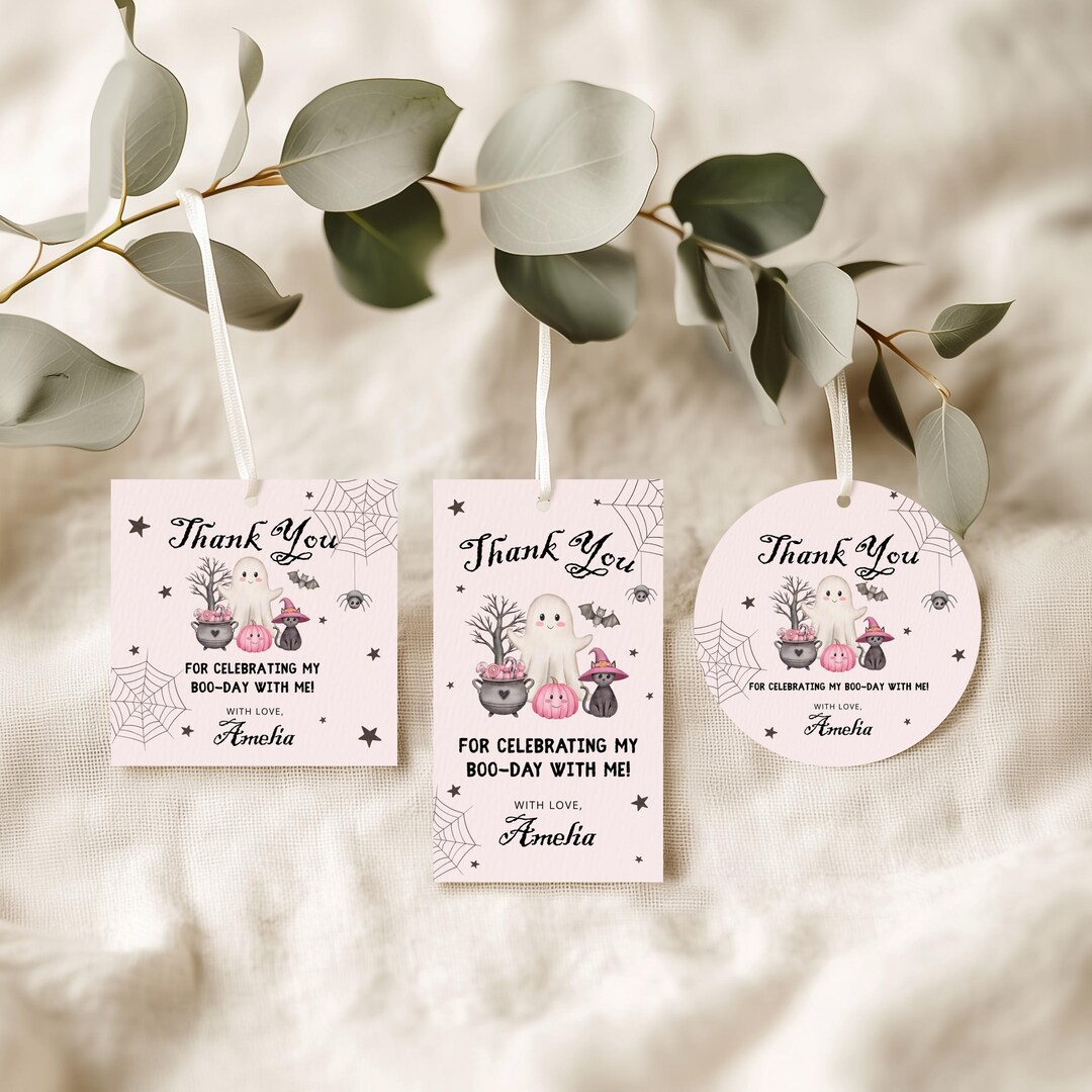 Spooky One Birthday Thank You Tag Pink Cute Ghost 1st Birthday ...