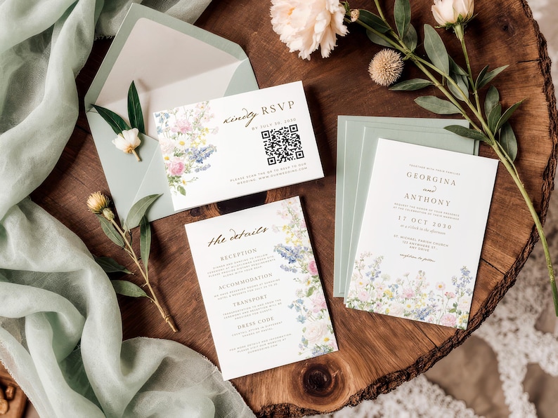 May include: A wedding stationery set featuring a white invitation, RSVP card with a QR code, and details card, all decorated with watercolour floral illustrations. The set includes sage green envelopes and is displayed with sprigs of flowers.