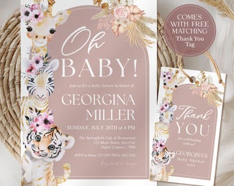 Puede incluir: Invitación para baby shower y etiqueta de agradecimiento a juego. La invitación presenta una jirafa, una cebra y un tigre con detalles florales. El texto dice "Oh BABY!" e incluye detalles del evento. La etiqueta dice "Thank You".
