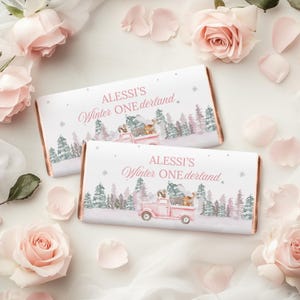 Pink Winter Onederland Girl 1. Geburtstag Schokolade Wrapper Label Rosa 1. Geburtstag Candy Aufkleber CPCBI372