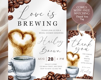 Invitación editable para despedida de soltera "Love is Brewing", invitación para amantes del café, fiesta temática de café, descarga digital editable en Canva CPCBR442