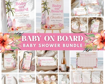 Baby on Board Baby Shower Invitation Bundle, Surfing Summer Boho Girls Baby Shower Bundle Surf Board Beach Baby Shower Bundle CPCBS162