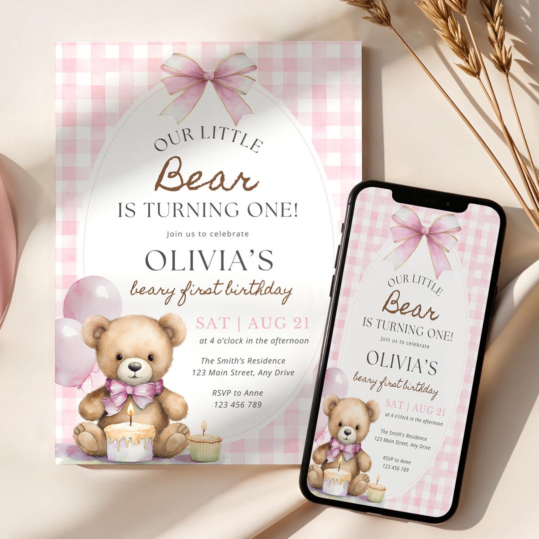 Teddy Bear Party Invite: Girl Beary First Birthday Invitation (editable ...