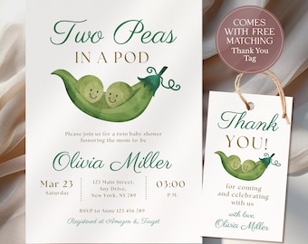Two Peas In A Pod Baby Shower Invite: Gender Neutral Twins Baby Shower (Editable Canva Template) CPCBS221