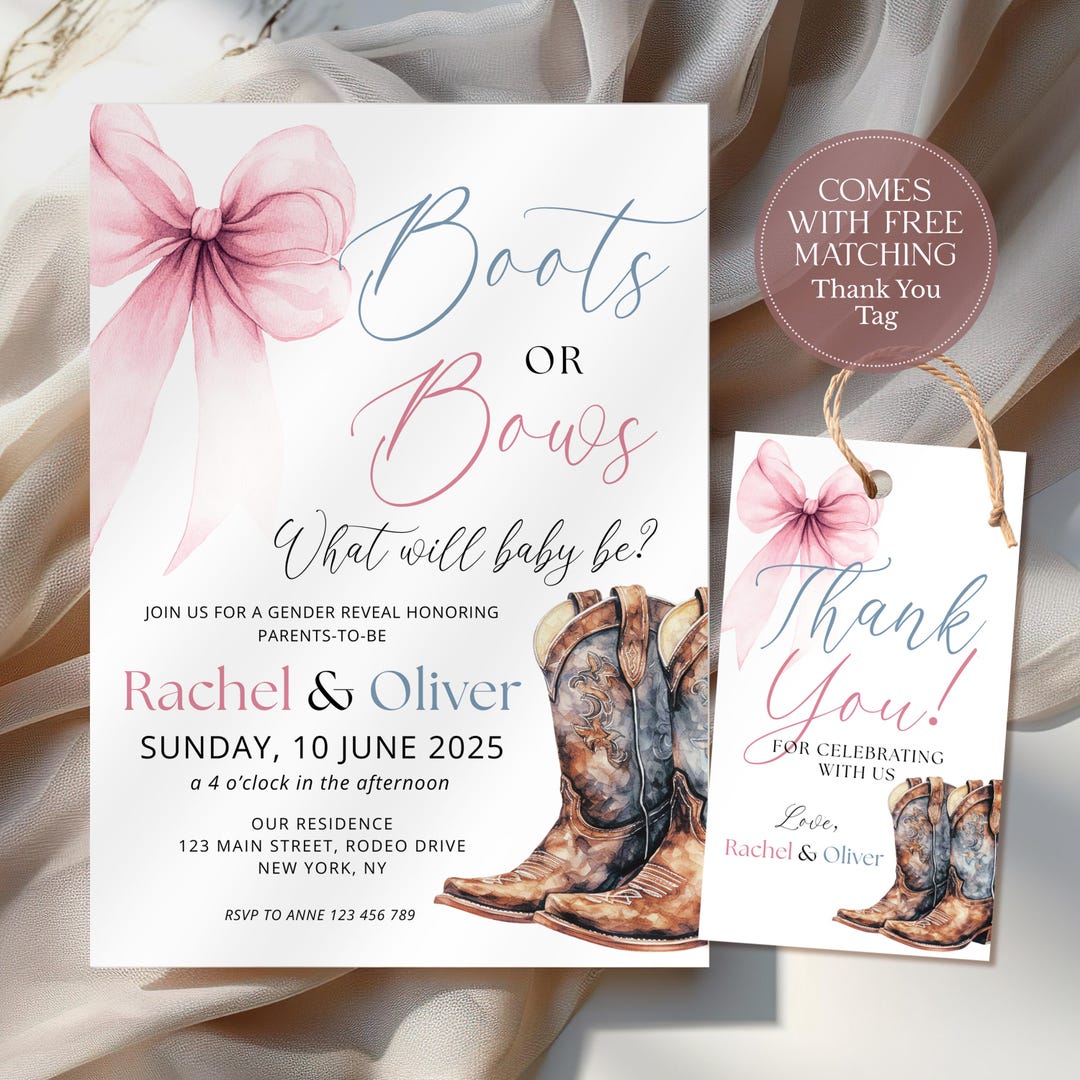 Editable Western Boots or Bows Gender Reveal Invitation Template, Boots