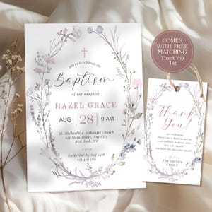 Editable Wildflower Baptism Invitation Girl Baptism Invitation Blush Pink Baptism Christening Invite Floral Baptism Invite CPCBP131