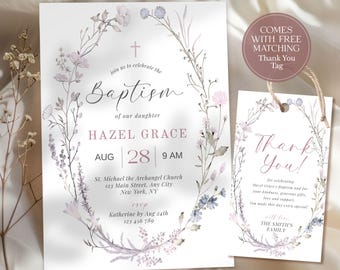 Editable Wildflower Baptism Invitation Girl Baptism Invitation Blush Pink Baptism Christening Invite Floral Baptism Invite CPCBP131