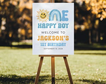 Bewerkbaar welkomstbord voor de verjaardag van een jongen, Boho Sunshine verjaardagsbord, One Happy Boy 1e verjaardag, Sun Boy 1e verjaardagsposter CPCBI962