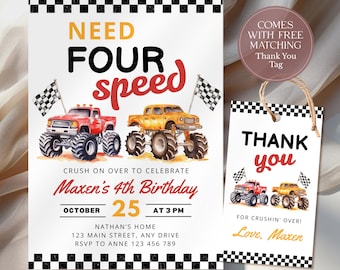 Editable Monster Truck Invitation: Need Four Speed 4th Birthday Invite (Instant Download) CPCBI452