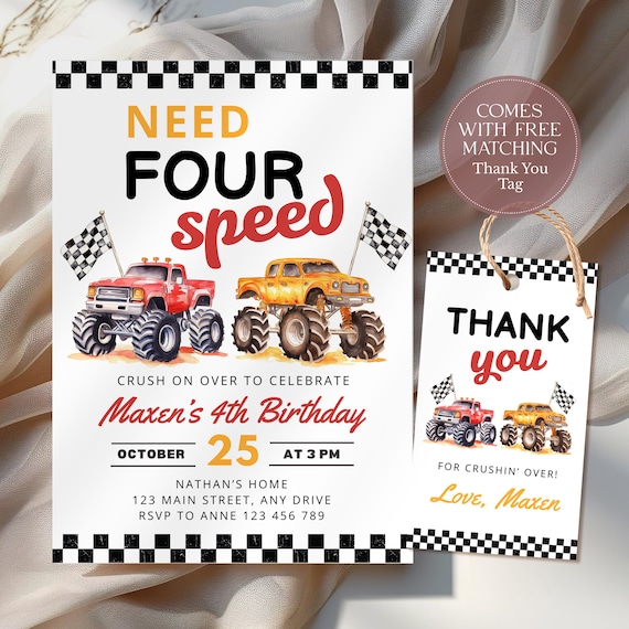 Editable Monster Truck Invitation: Need Four Speed 4th Birthday Invite (Instant Download) CPCBI452