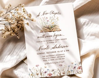 Puede incluir: Una invitación a un baby shower con el texto "A New Chapter will soon begin..." presenta un libro abierto con ilustraciones florales. La invitación incluye el nombre de Nicole Anderson, la fecha, la hora y la dirección.