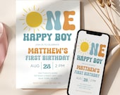 One Happy Boy Birthday Invite, Editable 1st Birthday Invitation Boy, First Birthday Invitation, Sunshine Boho One Happy Boy Invite CPCBI961