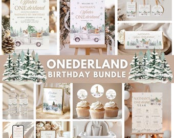 May include: A collection of winter-themed birthday party decorations. Includes invitations, signs, cupcake toppers, water bottle labels, and a high chair banner. The designs feature a white truck carrying a Christmas tree and the text "Winter ONEderland".