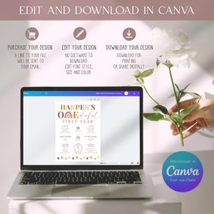 Peut inclure: Un ordinateur portable affichant un mod&egrave;le de faire-part d'anniversaire personnalisable avec le texte "Harper's One-derful First Year". Le design comprend un arc-en-ciel, des c&oelig;urs et de l'espace pour les d&eacute;tails personnels. Le logo Canva est visible.