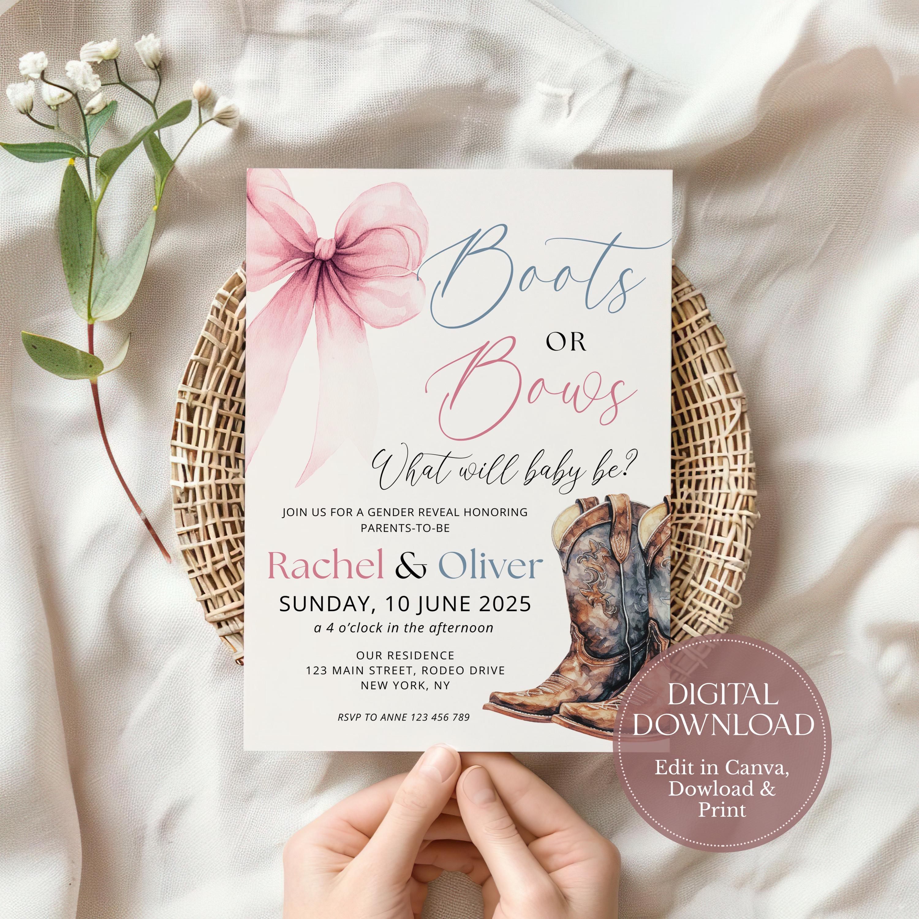 Editable Western Boots or Bows Gender Reveal Invitation Template, Boots