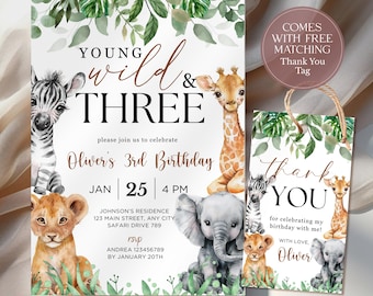 Editable Safari Birthday Invitation: Boy Young Wild and Three Jungle Animals Theme (Instant Download) CPCBI229