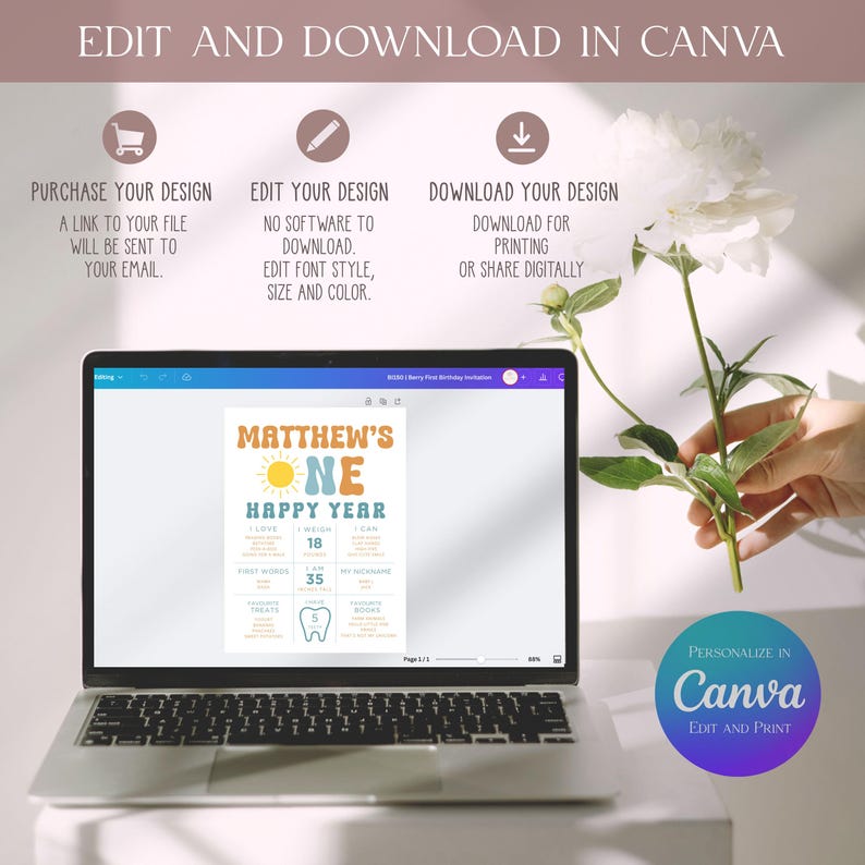May include: A laptop displays a customizable birthday invitation template. The design features the text "MATTHEW'S ONE HAPPY YEAR" with a sun graphic. Instructions for editing and downloading the design are also visible.
