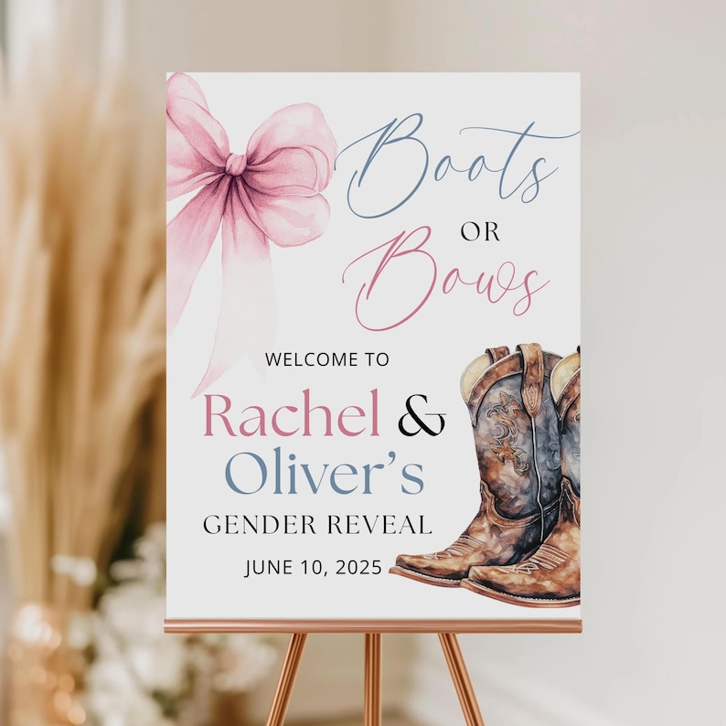 Editable Western Boots or Bows Gender Reveal Invitation Template, Boots