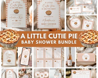 May include: A collection of baby shower stationery with a pie theme. The bundle includes invitations, signs, thank you cards, and games. The color scheme is orange and white gingham with pie illustrations. Text includes "A Little Cutie Pie is on the Way!"
