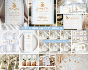 Blue Gingham Pumpkin Autumn Invite Bundle A Little Pumpkin Is On The Way Editable Fall Baby Shower Autumn Fall Gingham Blue Bundle CPCBS277