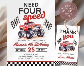Invito a tema Monster Truck rosso. Invito per il 4° compleanno di un ragazzo con quattro velocità. Invito modificabile Monster Truck Canva. Invito modificabile CPCBI453.